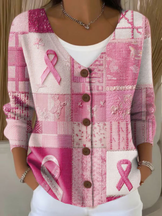 Cardigan Décontracté Femme Rose Ruban Imprimé Sensibilisation au Cancer du Sein