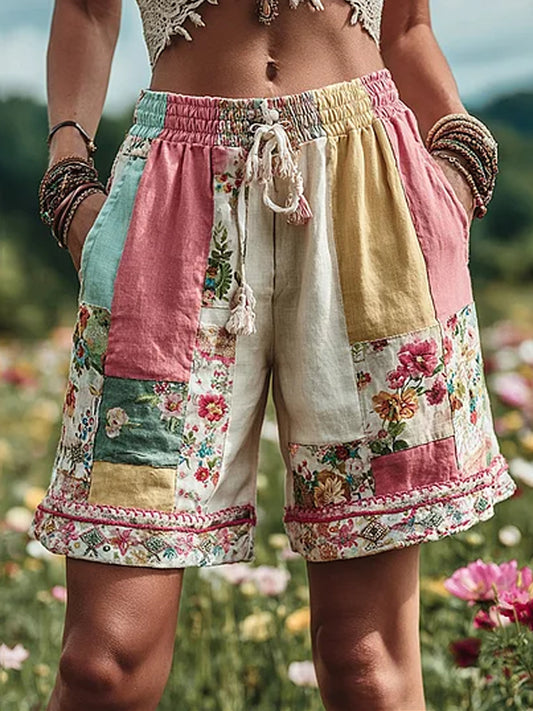 Femmes Vintage Rose et Floral Patchwork Art Lin Pantalon