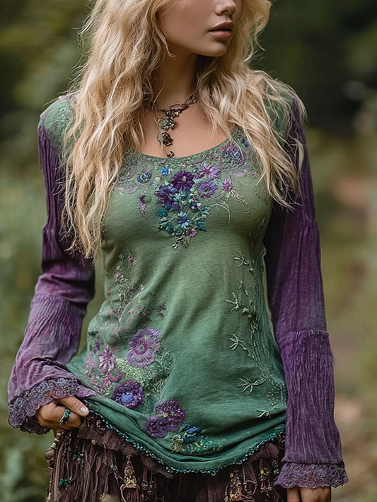 Chemise brodée florale élégante vintage pour femmes