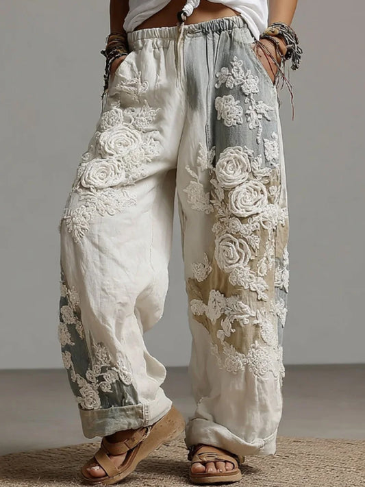 Femmes Vintage Rose Floral Art Casual Pantalon large jambe