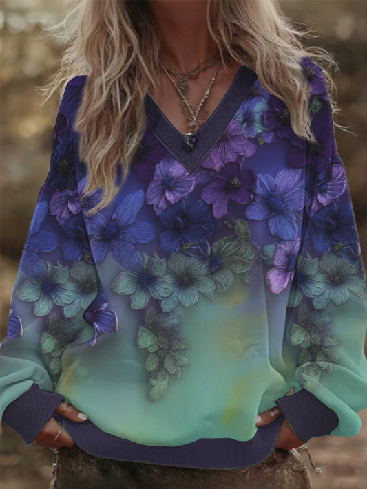 Sweat oversize femme col V violet dégradé floral