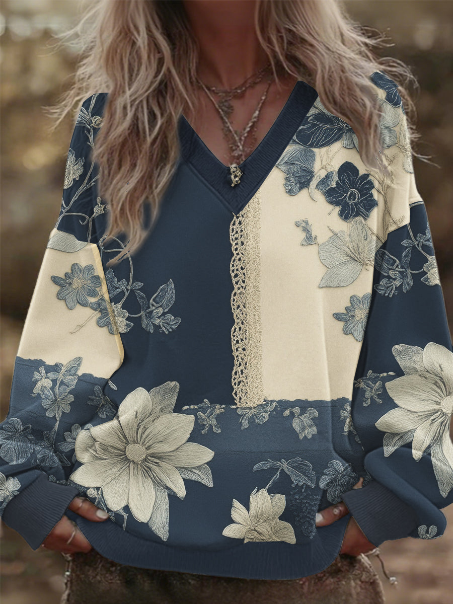 Sweat oversize femme col V patchwork floral