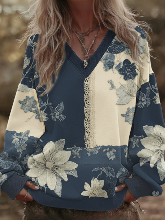 Sweat oversize femme col V patchwork floral