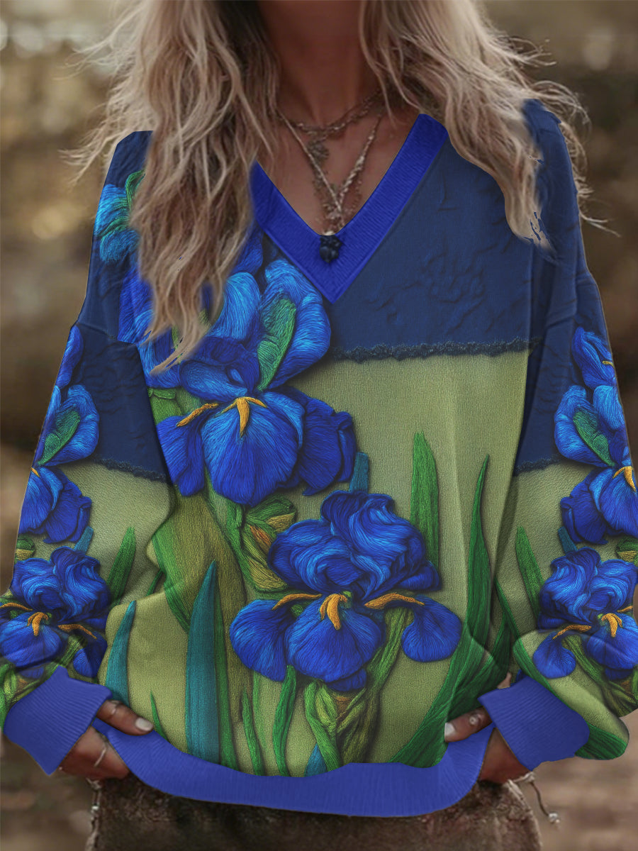 Femmes V-cou Iris Floral Patchwork Surdimensionné Sweatshirt