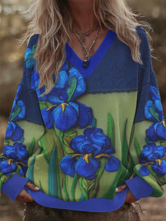 Femmes V-cou Iris Floral Patchwork Surdimensionné Sweatshirt