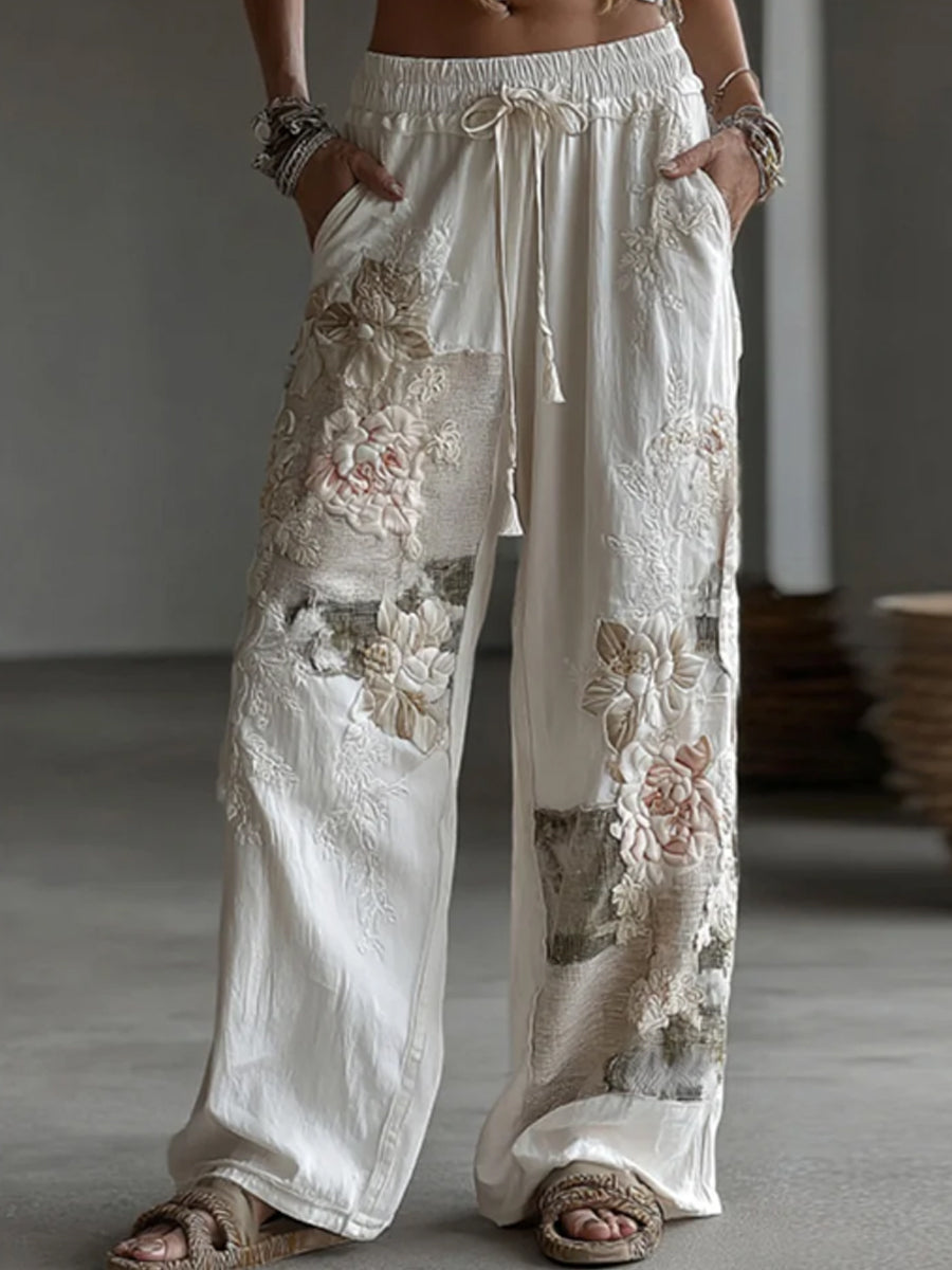 Pantalon en lin décontracté pour femmes à patchwork floral rétro
