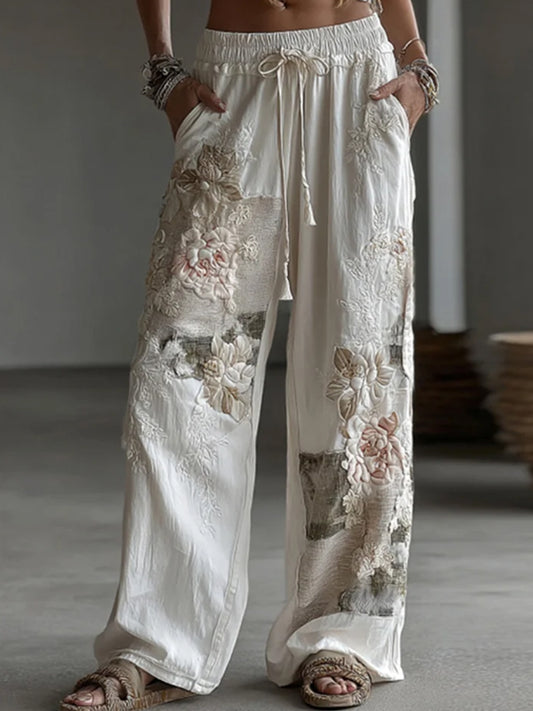 Pantalon en lin décontracté pour femmes à patchwork floral rétro