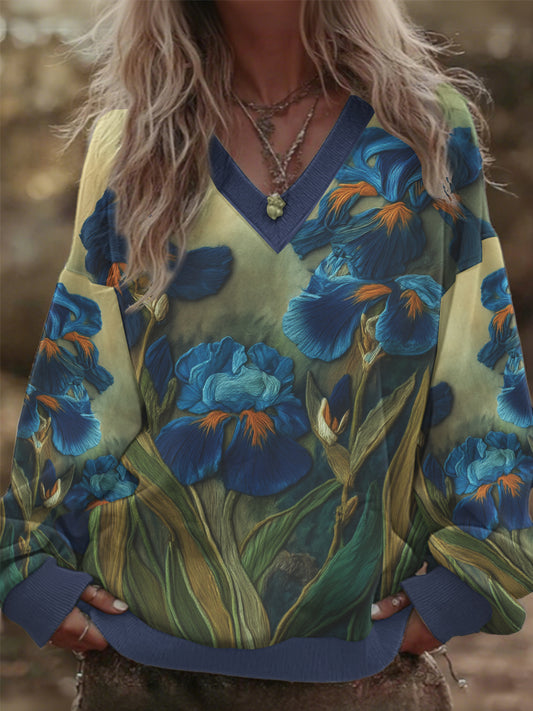 Femmes V-cou Iris Floral Patchwork Surdimensionné Sweatshirt