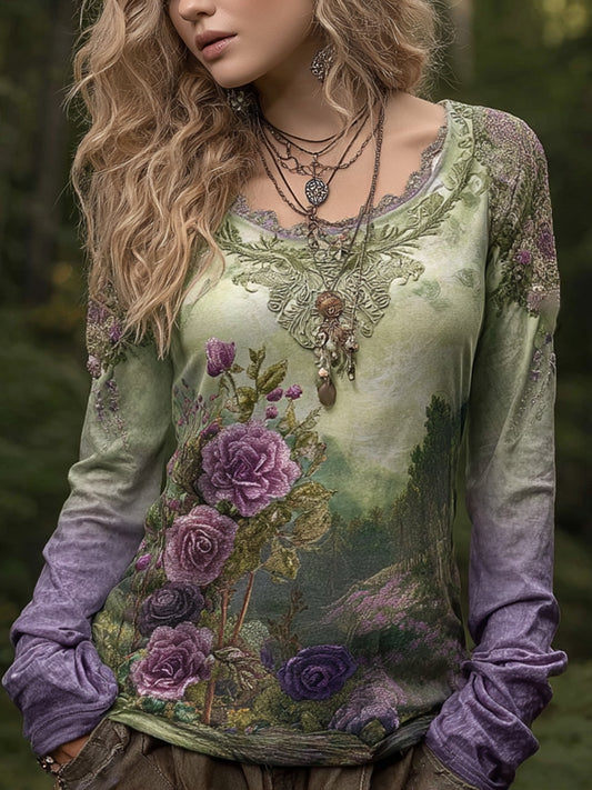 Chemise en lin brodée à fleurs vintage élégante pour femmes