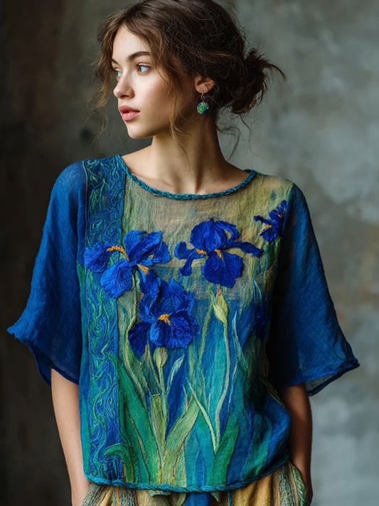 Top Femme Fleur de Lys Brodé Contrasté Flowy Linen