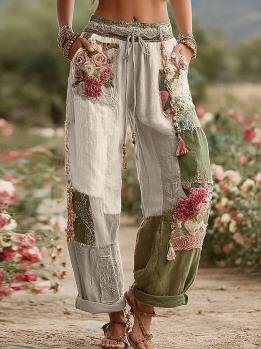 Femmes Vintage Rose et Floral Patchwork Art Lin Pantalon