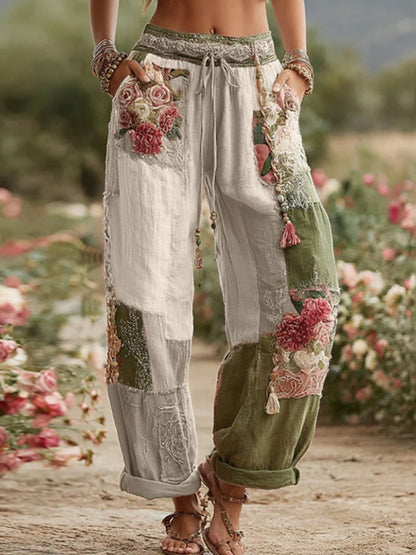Femmes Vintage Rose et Floral Patchwork Art Lin Pantalon