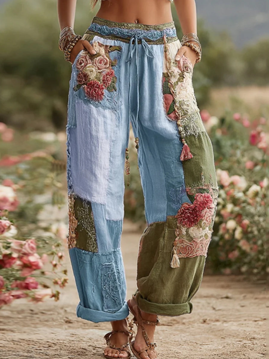 Femmes Vintage Rose et Floral Patchwork Art Lin Pantalon