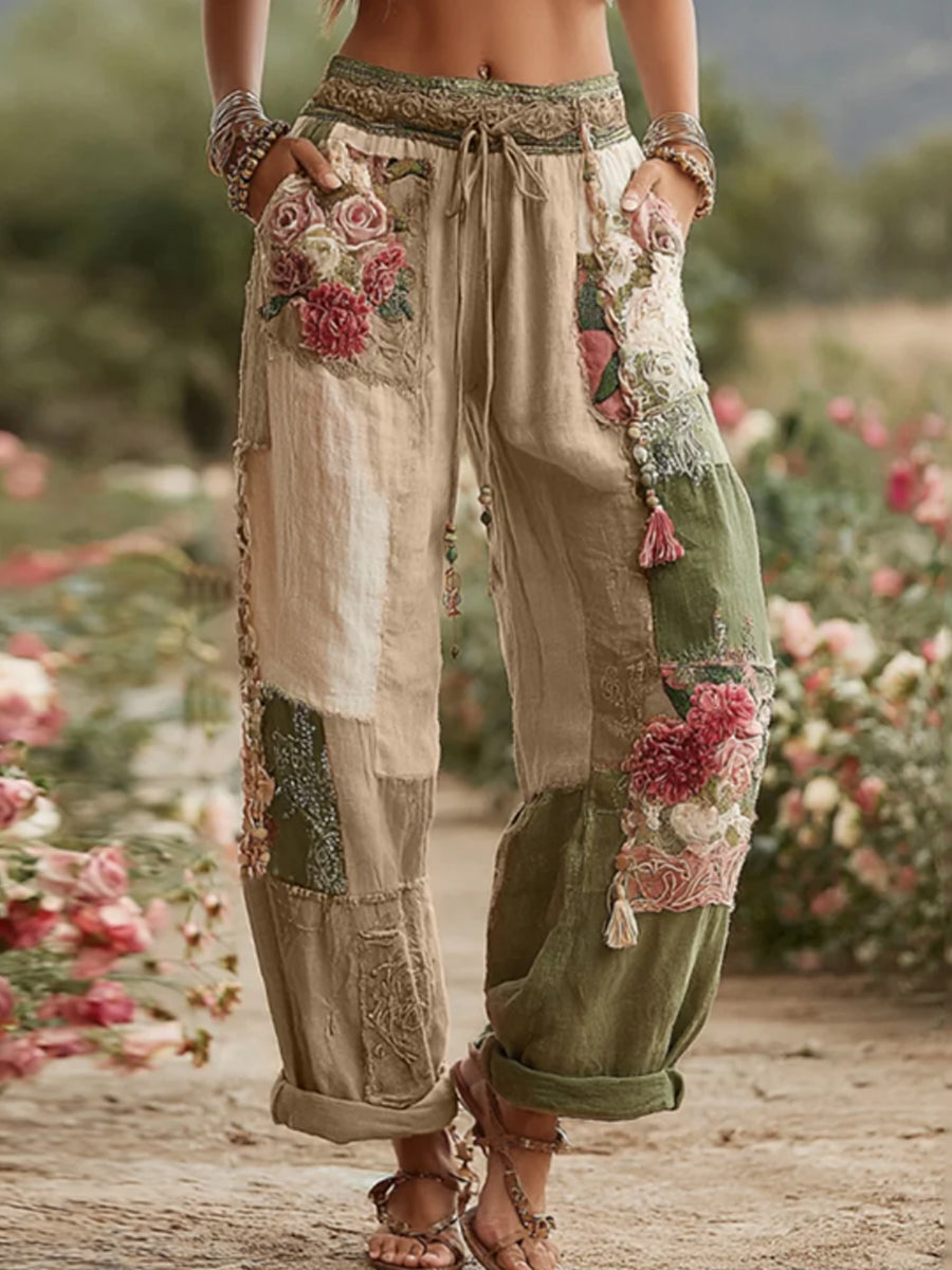 Femmes Vintage Rose et Floral Patchwork Art Lin Pantalon