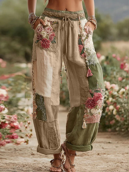 Femmes Vintage Rose et Floral Patchwork Art Lin Pantalon