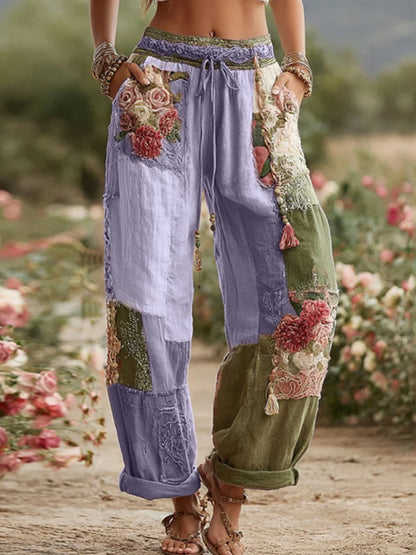 Femmes Vintage Rose et Floral Patchwork Art Lin Pantalon