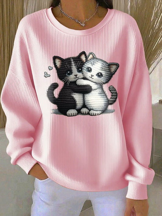 Femme Coupe Chat Côtelé Col Rond Sweatshirt