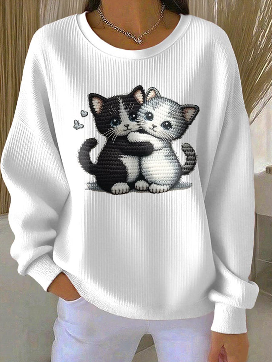 Femme Coupe Chat Côtelé Col Rond Sweatshirt