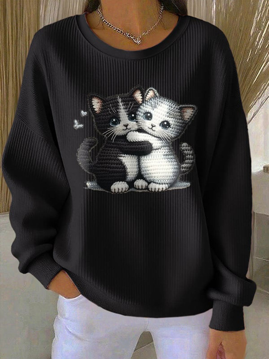 Femme Coupe Chat Côtelé Col Rond Sweatshirt