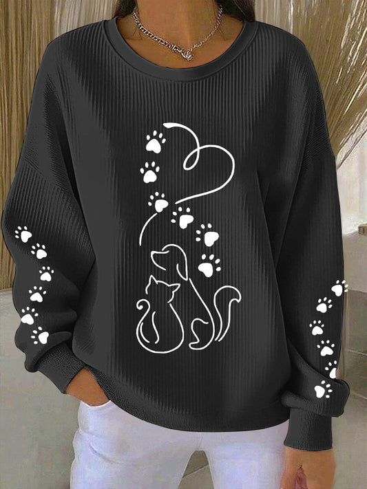 Sweat-shirt à imprimé silhouette de chat et de chien pour femmes
