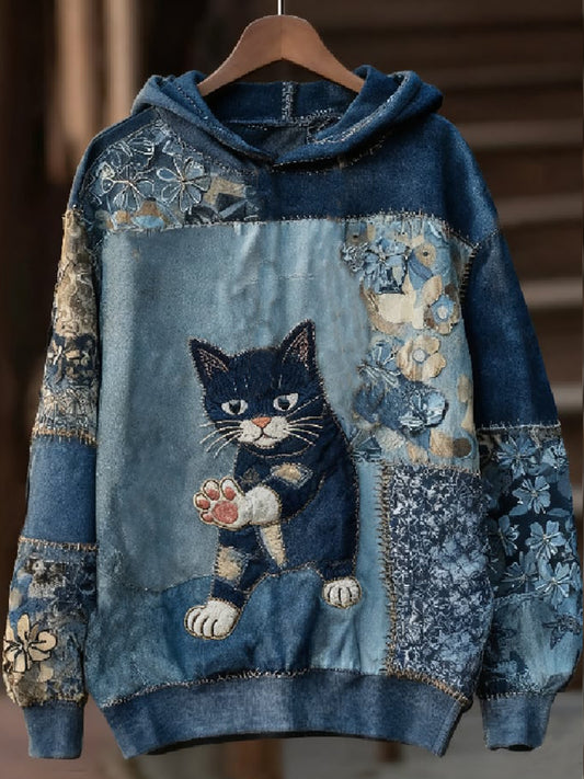 Sweat à capuche à imprimé chat décontracté pour femmes