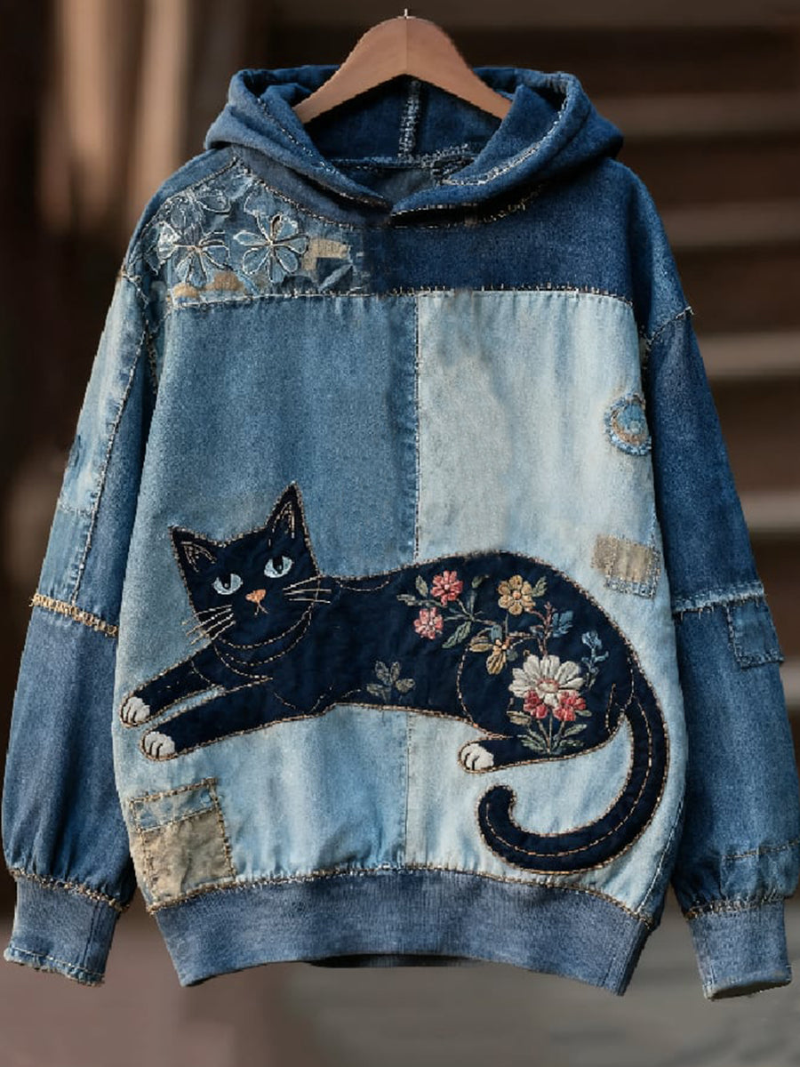 Sweat à capuche à imprimé chat décontracté pour femmes