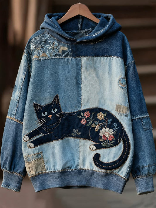 Sweat à capuche à imprimé chat décontracté pour femmes