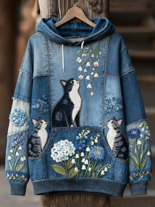 Sweat à capuche à imprimé chat décontracté pour femmes