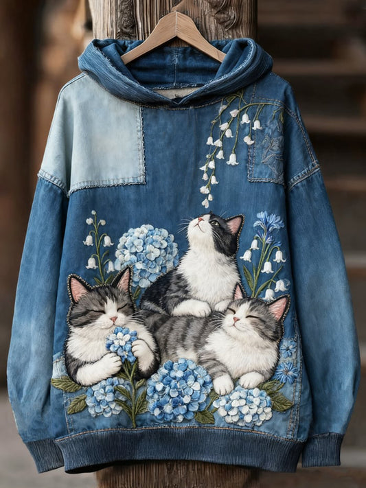 Sweat à capuche à imprimé chat décontracté pour femmes