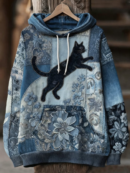 Sweat à capuche à imprimé chat décontracté pour femmes
