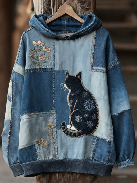 Sweat à capuche à imprimé chat décontracté pour femmes