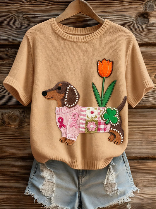 Haut à manches courtes en tricot confortable imprimé animal artistique pour femme