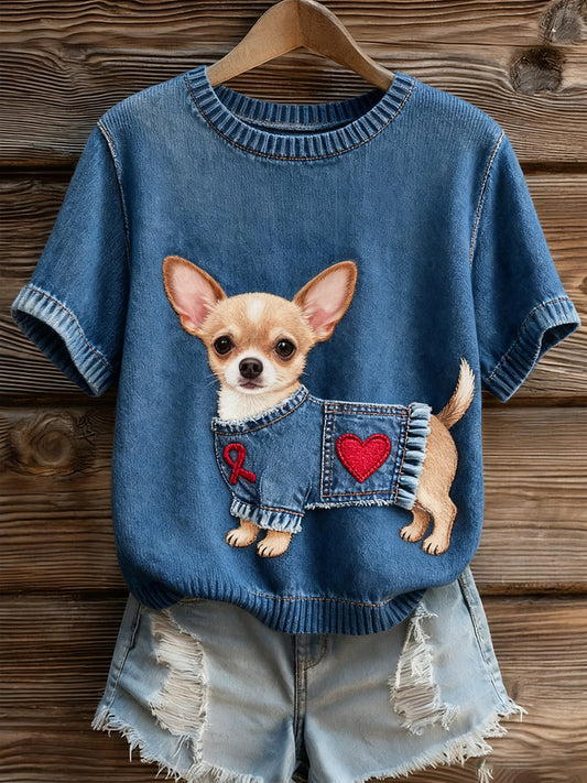 Haut à manches courtes en tricot confortable imprimé animal artistique pour femme