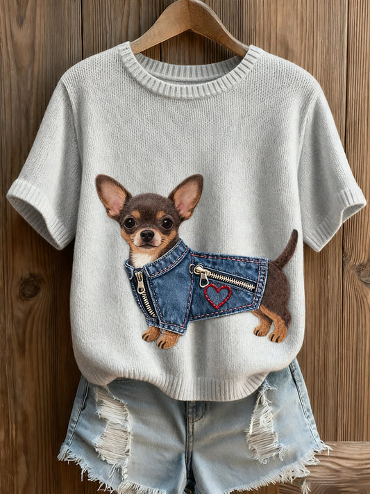 Haut à manches courtes en tricot confortable imprimé animal artistique pour femme