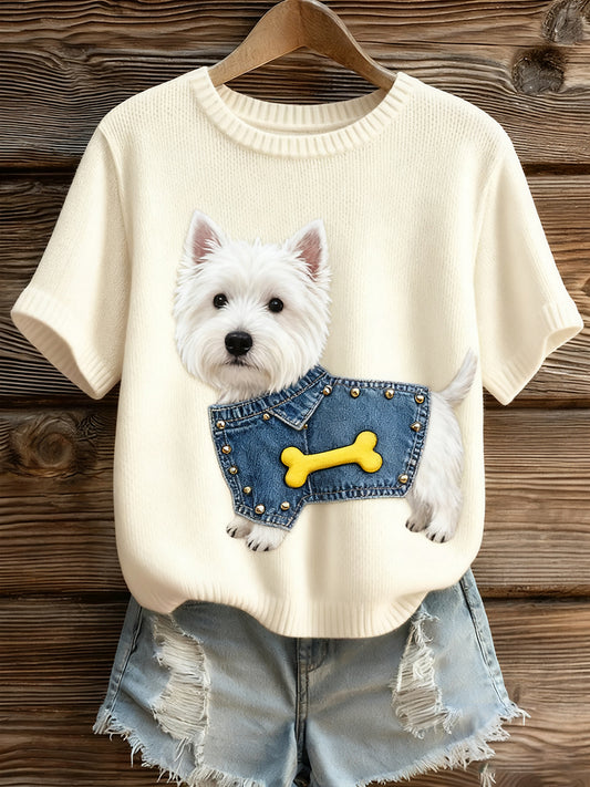 Haut à manches courtes en tricot confortable imprimé animal artistique pour femme