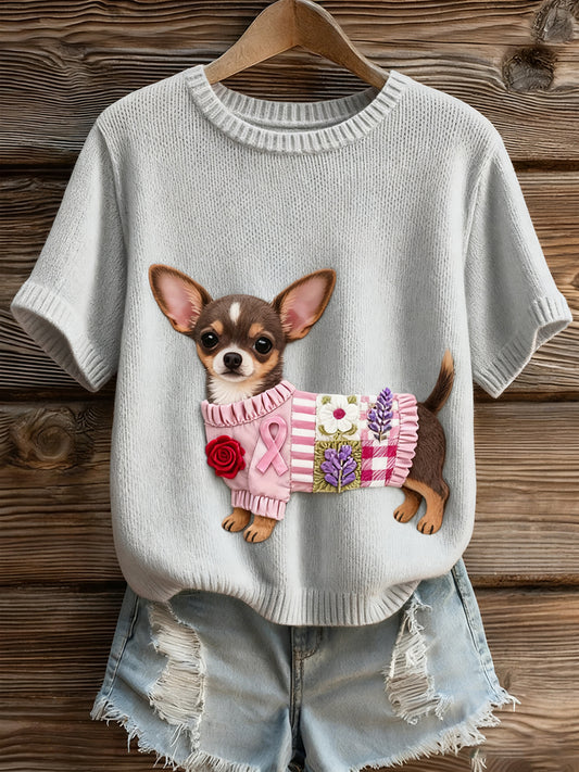 Haut à manches courtes en tricot confortable imprimé animal artistique pour femme