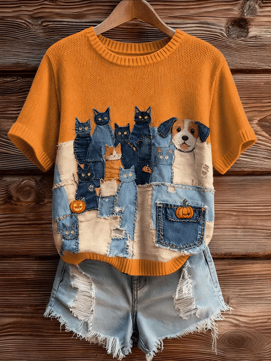 T-shirt à manches courtes Cute Stacked Cats And Dogs Femme