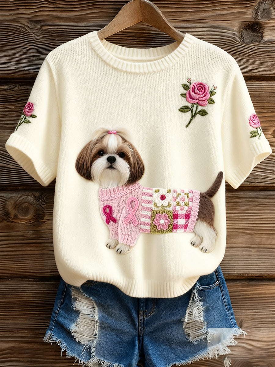 Haut à manches courtes en tricot confortable imprimé animal artistique pour femme