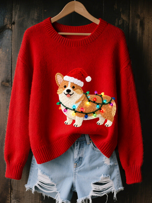 Noël Corgi chien feutre Art confortable tricot pull femme
