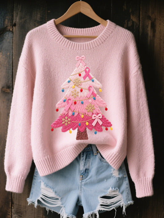 Pull Femme Rose Brodé Arbre De Noël Cozy En Tricot