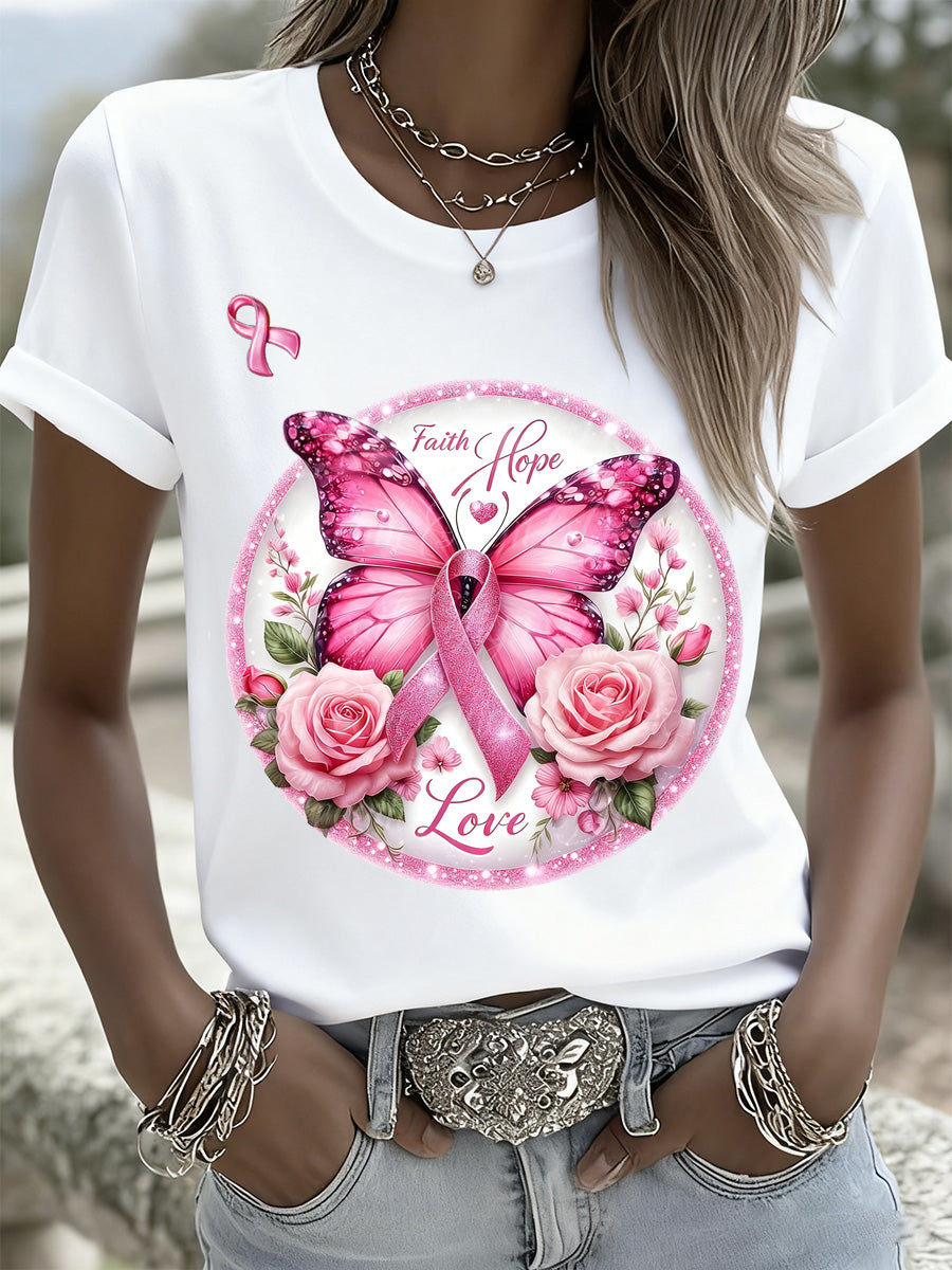 T-shirt mémorial décontracté pour femmes avec impression d'art du cancer du sein