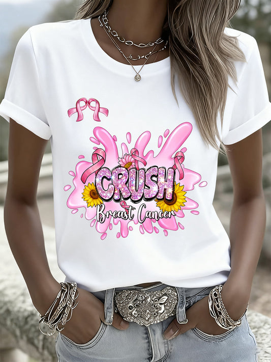 T-shirt mémorial décontracté pour femmes avec impression d'art du cancer du sein