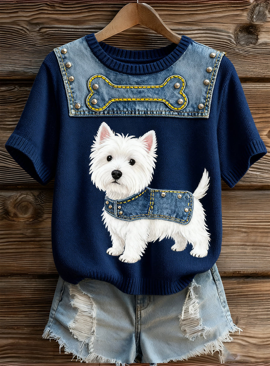 Haut à manches courtes en tricot confortable imprimé animal artistique pour femme