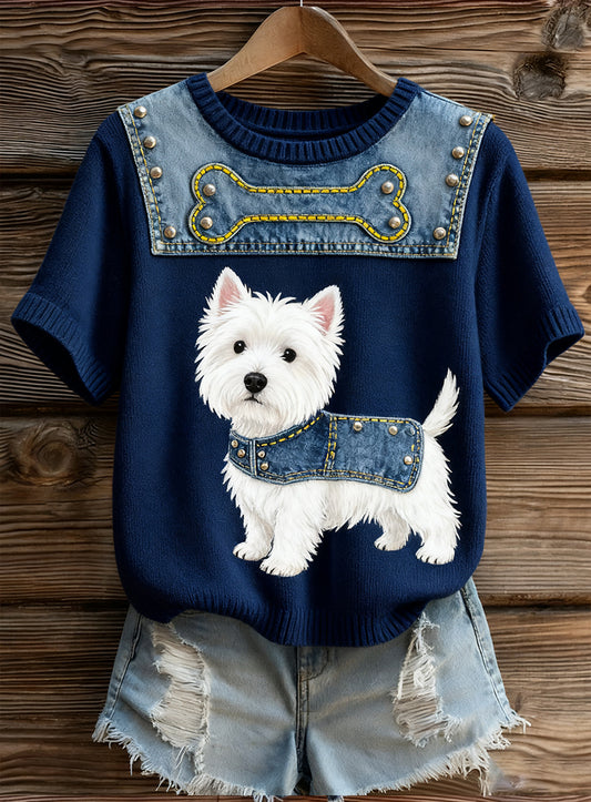 Haut à manches courtes en tricot confortable imprimé animal artistique pour femme