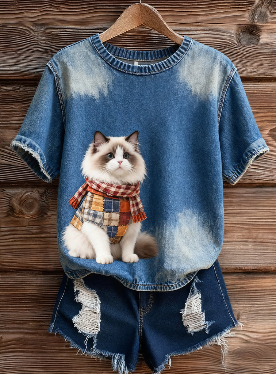 Haut à manches courtes en tricot confortable imprimé animal artistique pour femme