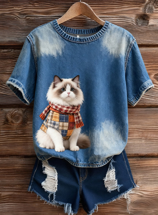 Haut à manches courtes en tricot confortable imprimé animal artistique pour femme