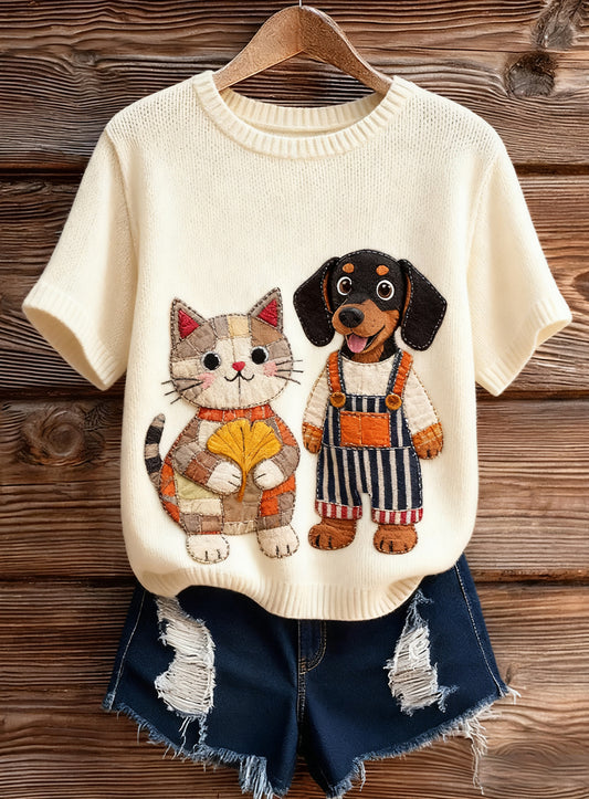 Haut à manches courtes en tricot confortable imprimé animal artistique pour femme