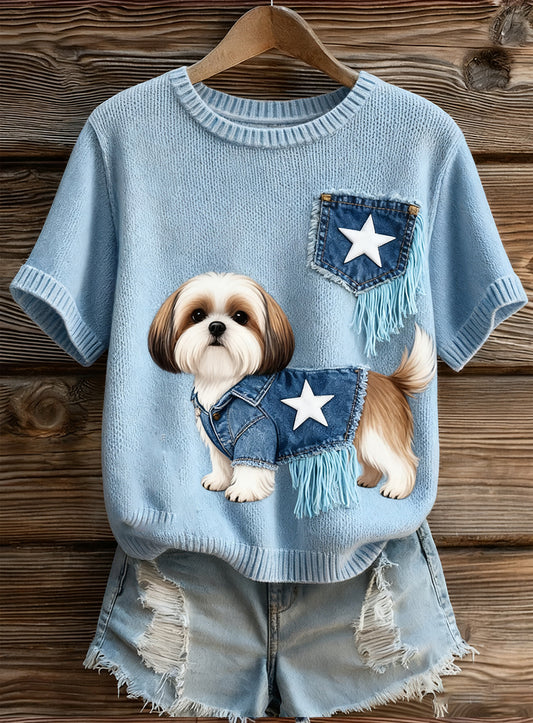 Haut à manches courtes en tricot confortable imprimé animal artistique pour femme