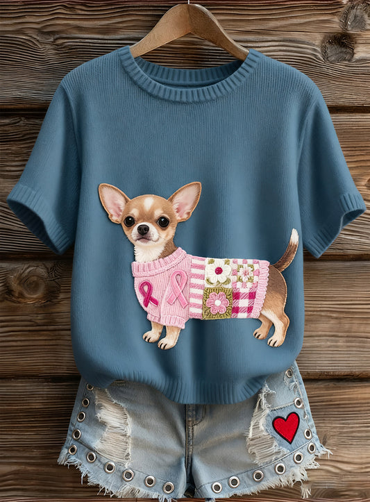 Haut à manches courtes en tricot confortable imprimé animal artistique pour femme