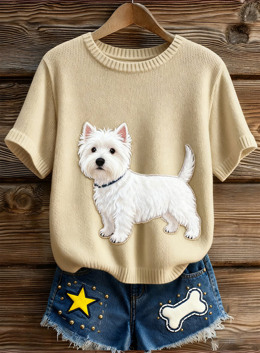 Haut à manches courtes en tricot confortable imprimé animal artistique pour femme